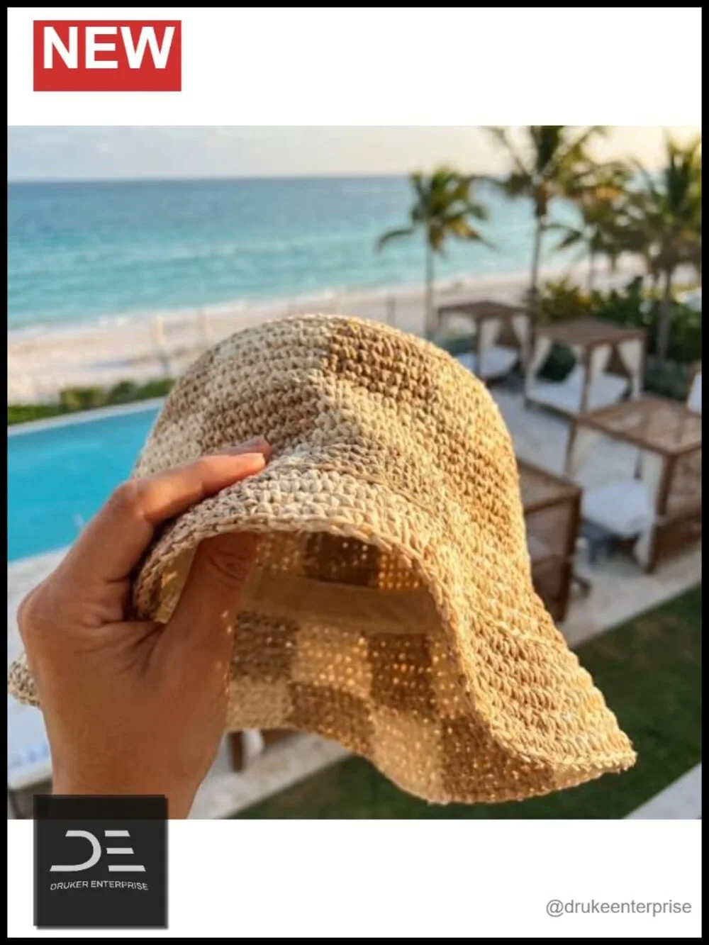 XXL Checkered Straw Sun Hat with Wide Brim for Big Heads UV Protection Foldable